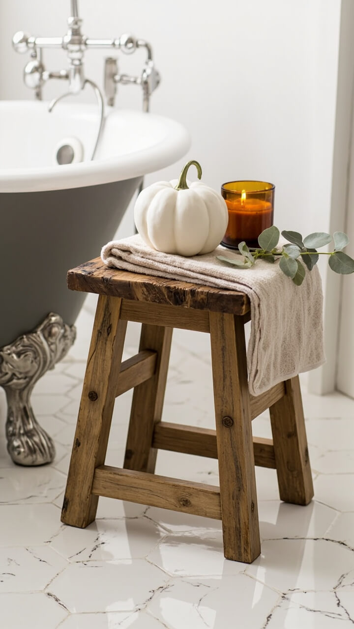 A raw-edge wooden stool sits next to a cast iron bathtub on white hex tile flooring. A whitewashed faux pumpkin, a small amber glass jar candle, a soft beige cotton hand towel draped over the stool’s side, and a sprig of eucalyptus rest on top.