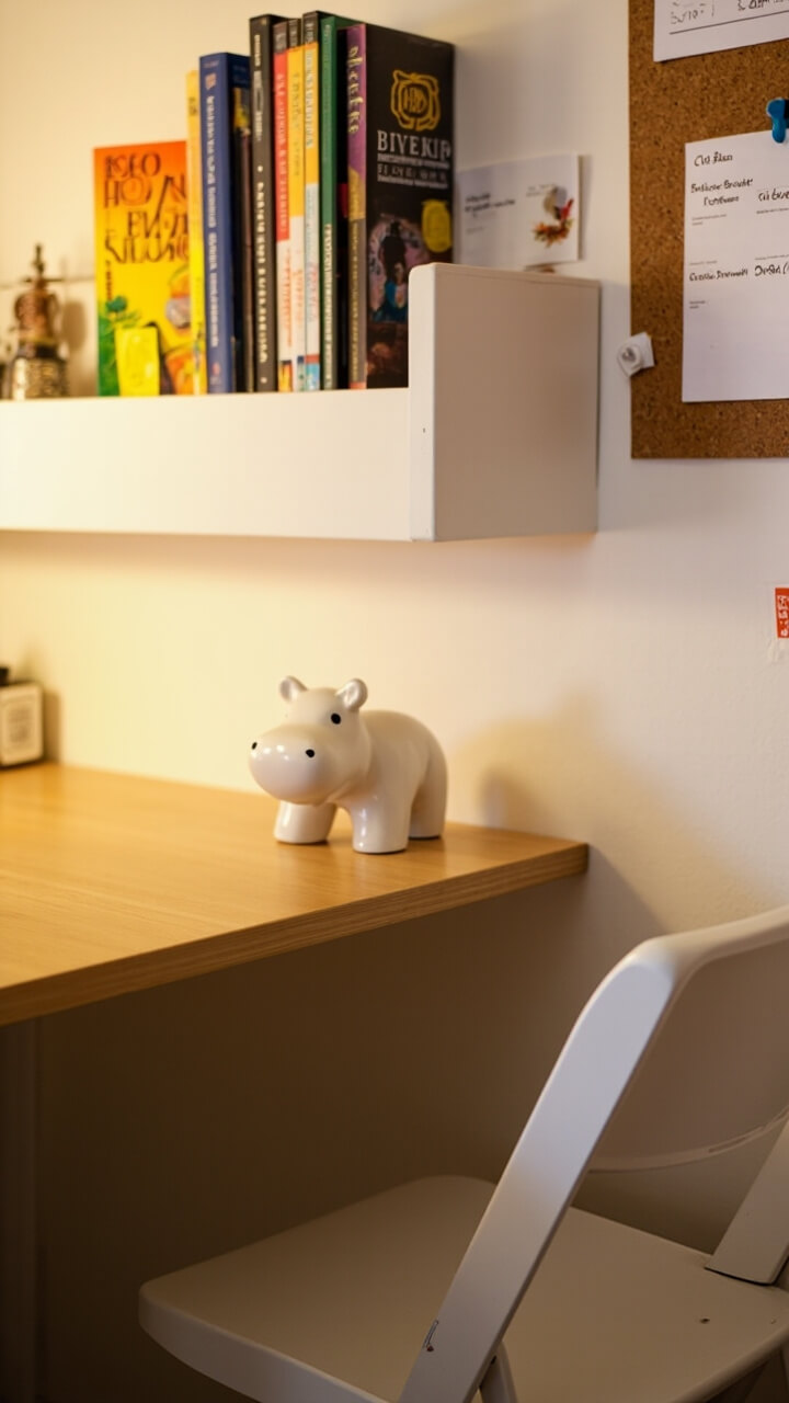 A white floating book ledge is installed above a plain wooden desk in the dorm. Four colorful paperback books are propped vertically, each cover visible, alongside a white ceramic hippo figurine. Below, a white folding chair is pushed in. There’s a corkboard to the right with class schedules pinned up.