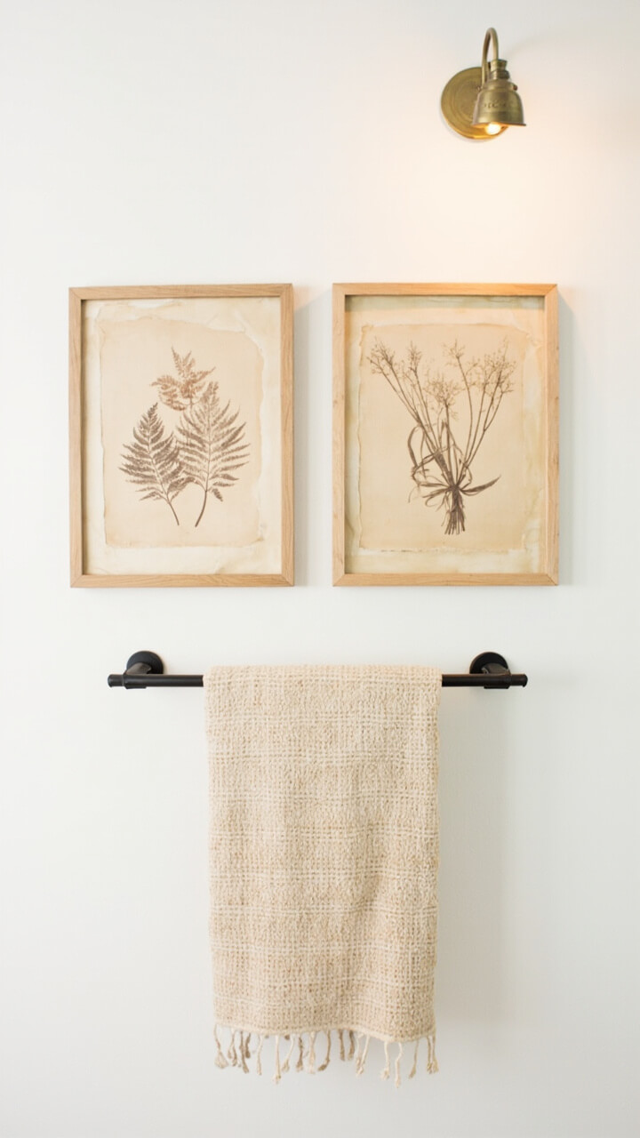 On a soft white wall a pair of oak framed sepia botanical prints hangs centered. A matte black towel bar sits directly below. A flax colored Turkish towel drapes over the bar. A slim brass picture light is mounted above the prints.