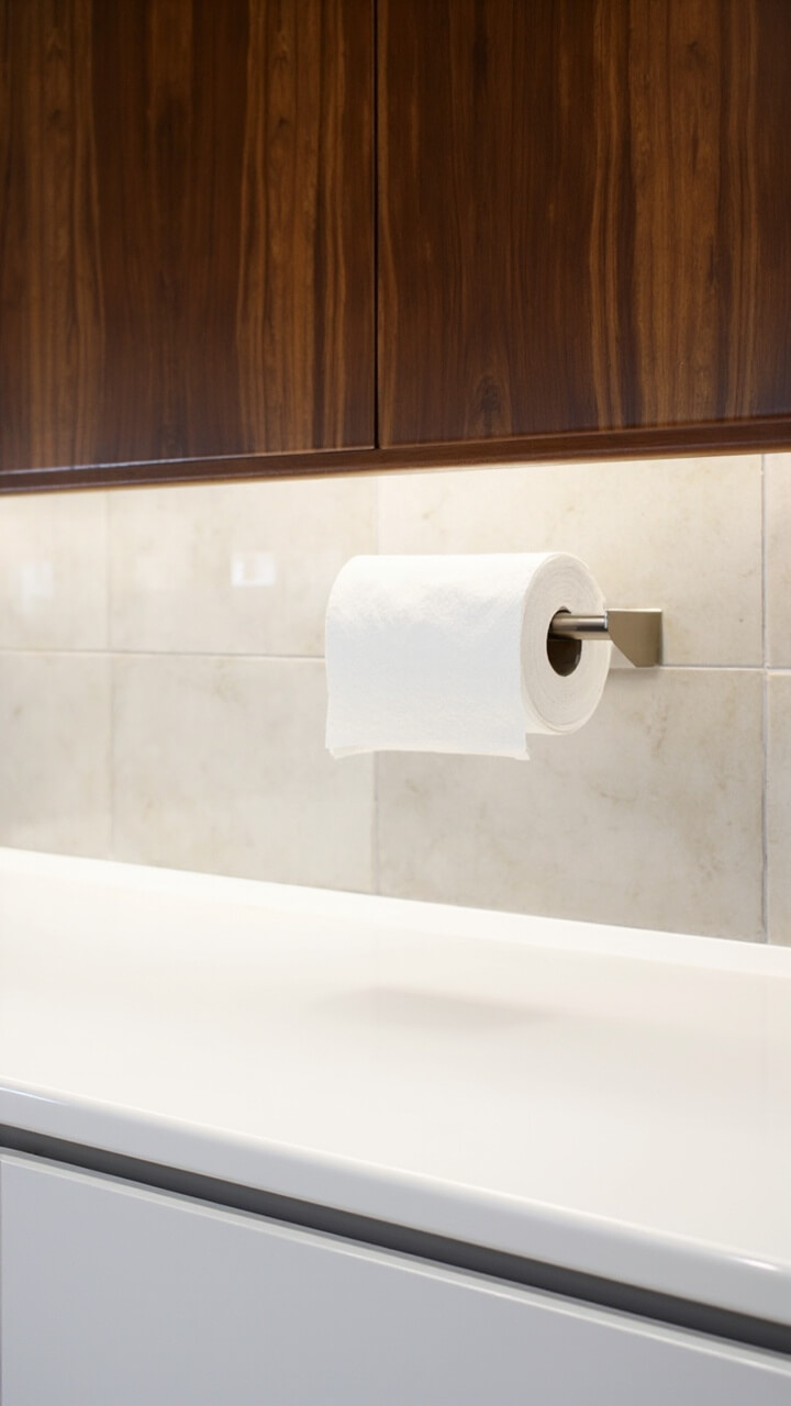 Under a warm walnut wall cabinet, a slim, brushed nickel paper towel holder mounts almost invisibly, holding a crisp white paper towel roll. The backsplash is pale stone tile with a continuous white solid surface counter and minimal hardware below.