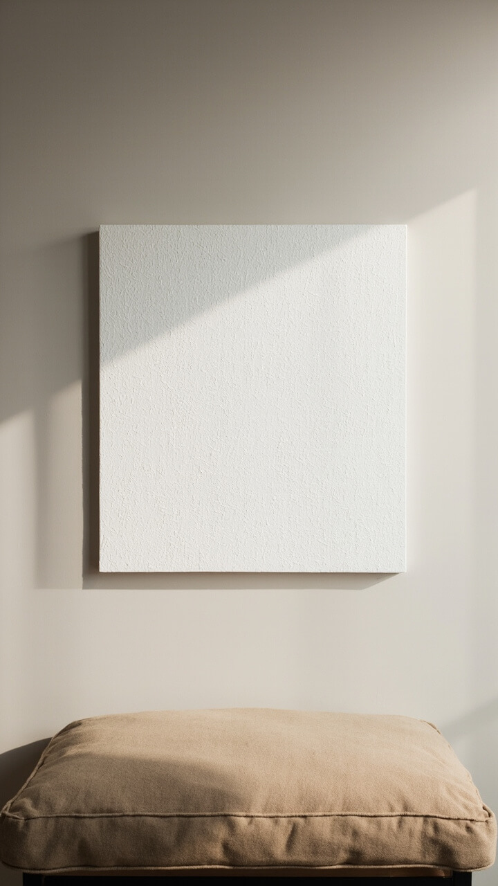 A square, white textured canvas art piece fills the center of a pale greige wall. Below, a natural linen-cushioned bench sits, and there’s nothing else in sight.