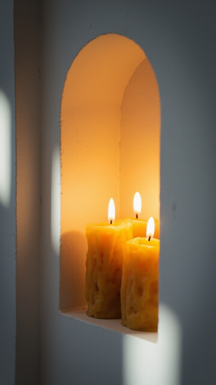 A small built-in wall niche painted white holds three different-sized chunky natural beeswax candles grouped together. The flames glow against the surrounding white wall at dusk.