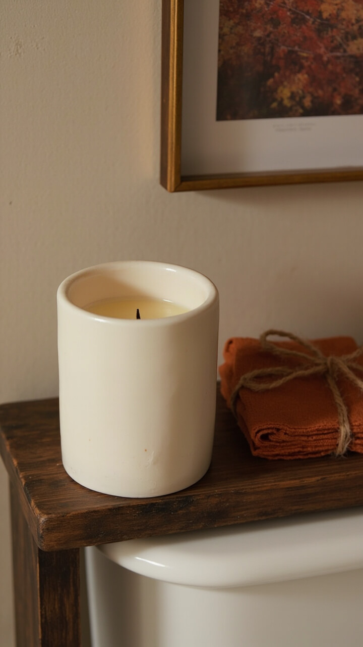 An off-white ceramic candle sits on the corner of a rustic wooden shelf above the toilet. Next to it, a mini stack of cinnamon-colored face cloths is tied with jute twine. A brass-framed art print featuring autumn foliage hangs above the shelf.