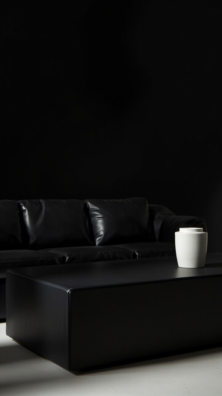 A shiny black leather sofa in front of a matte black accent wall. The coffee table is low, solid, and jet-black in a soft matte finish. A simple white ceramic vase sits on the table.