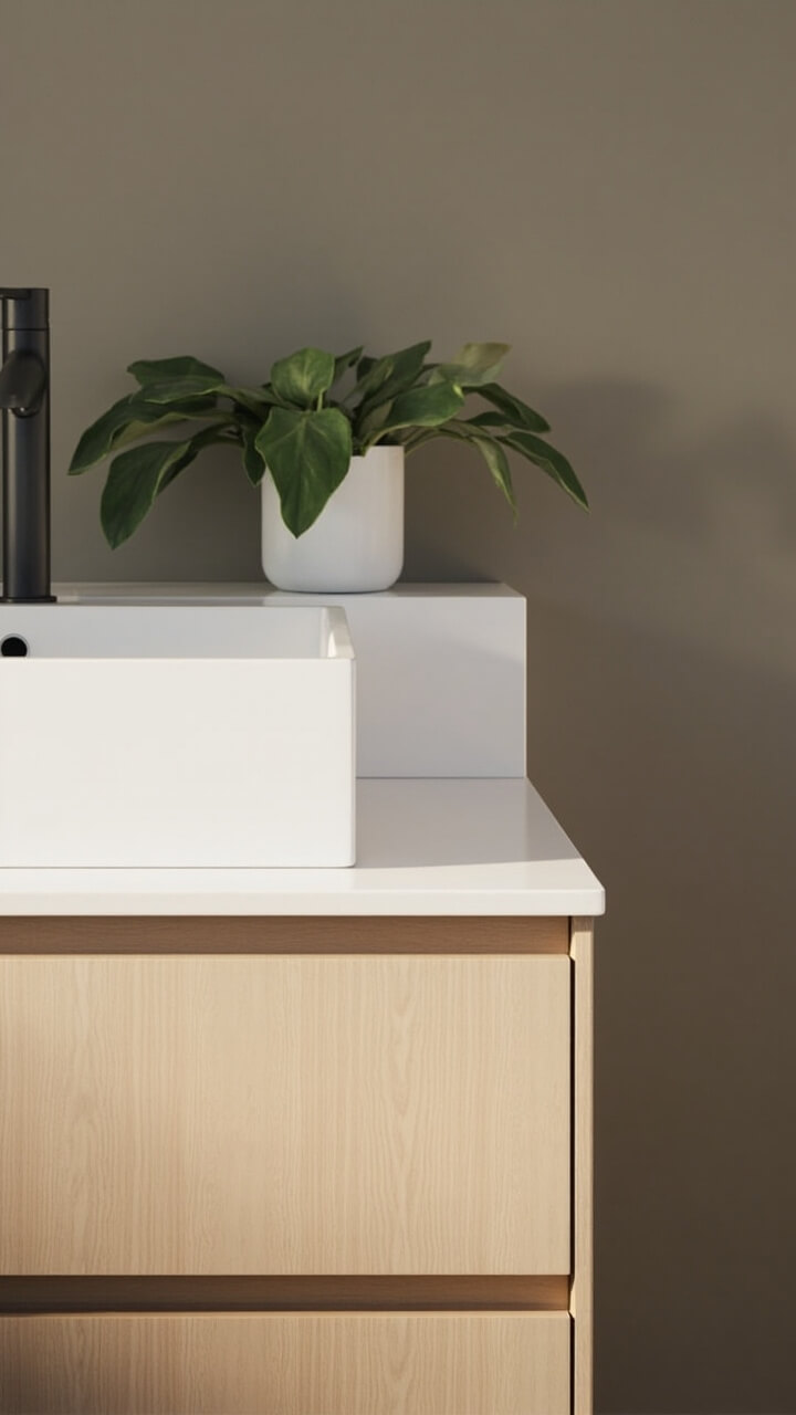 A taupe wall with a floating, light wood vanity featuring flat front drawers and a simple white rectangular sink resting on top. The faucet is matte black, and a single leafy green plant in a plain white pot sits on the corner.