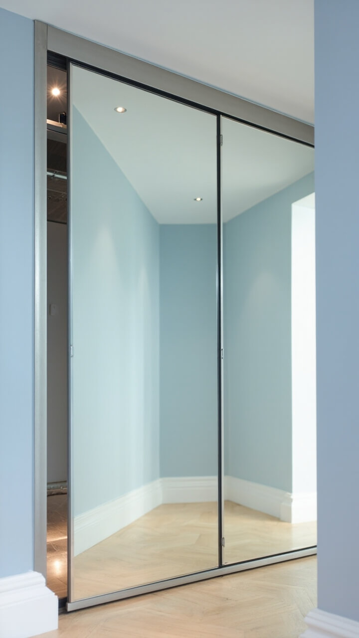 A built-in closet with two tall, frameless mirrored sliding doors. Reflected in the glass is a pale blue wall, and the simple brushed silver track runs smoothly along the floor. The wardrobe inside glows softly and remains hidden.