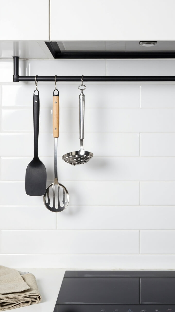 A white subway tile backsplash features a black metal rail with three hanging utensils: a matte black spatula, slotted spoon, and ladle. Below, a compact induction cooktop sits next to a folded tea towel.