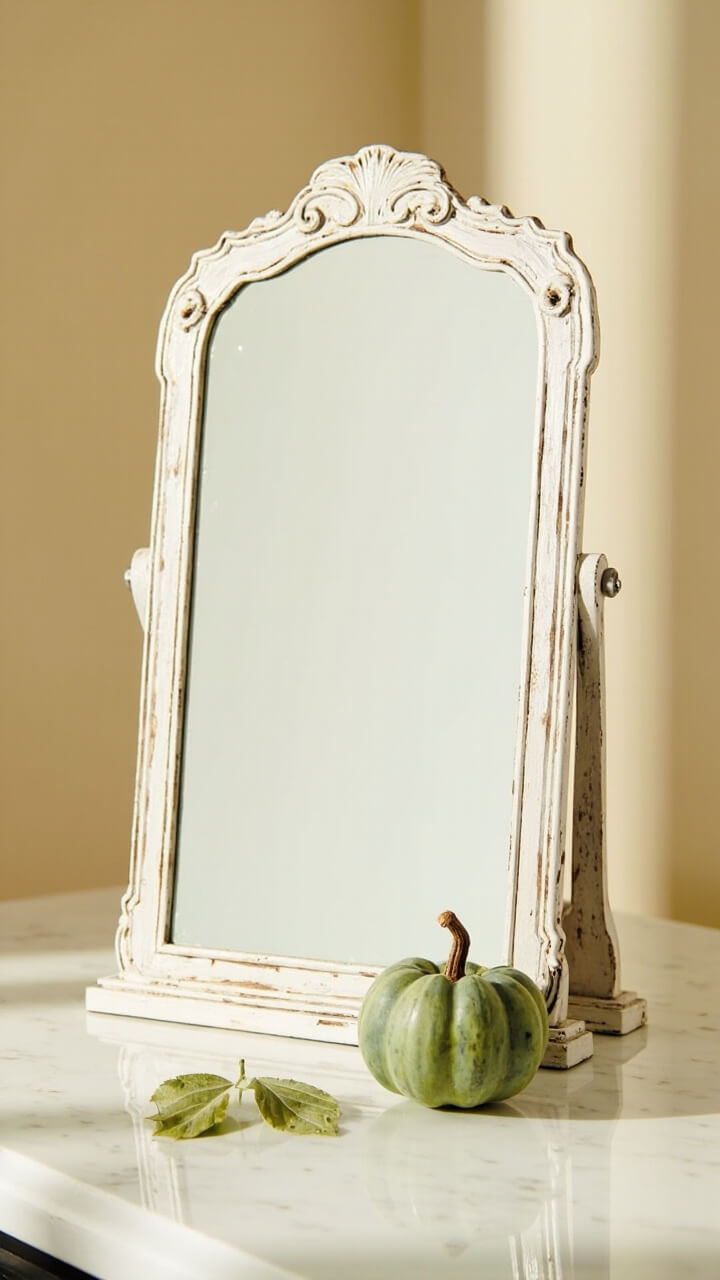 A scalloped-edge antique mirror with distressed white finish stands on a marble counter next to a tiny soft green pumpkin and a single faux faded green leaf.