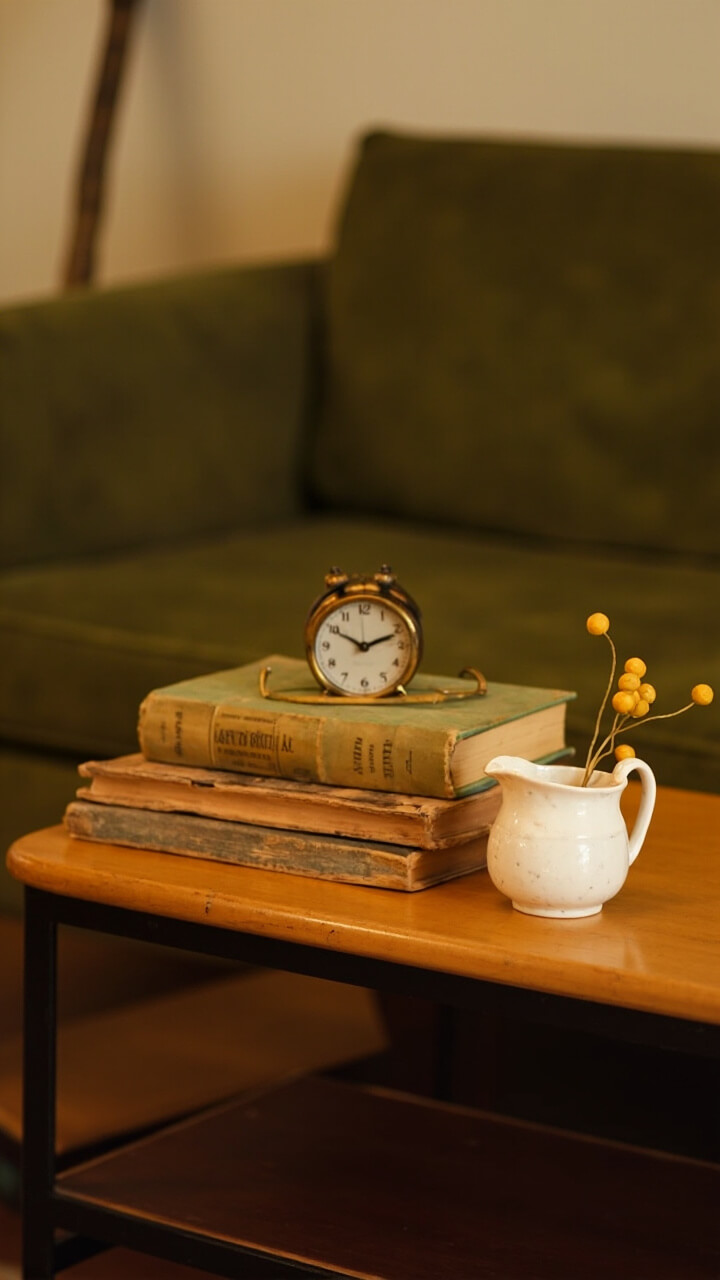 A muted olive green sofa anchors the scene with a honey-toned mid-century modern sofa table behind. Three vintage hardbacks with weathered covers are stacked neatly, supporting a petite aged brass clock. To one side, a small ceramic creamer serves as a bud vase, holding one dried billy button stem.