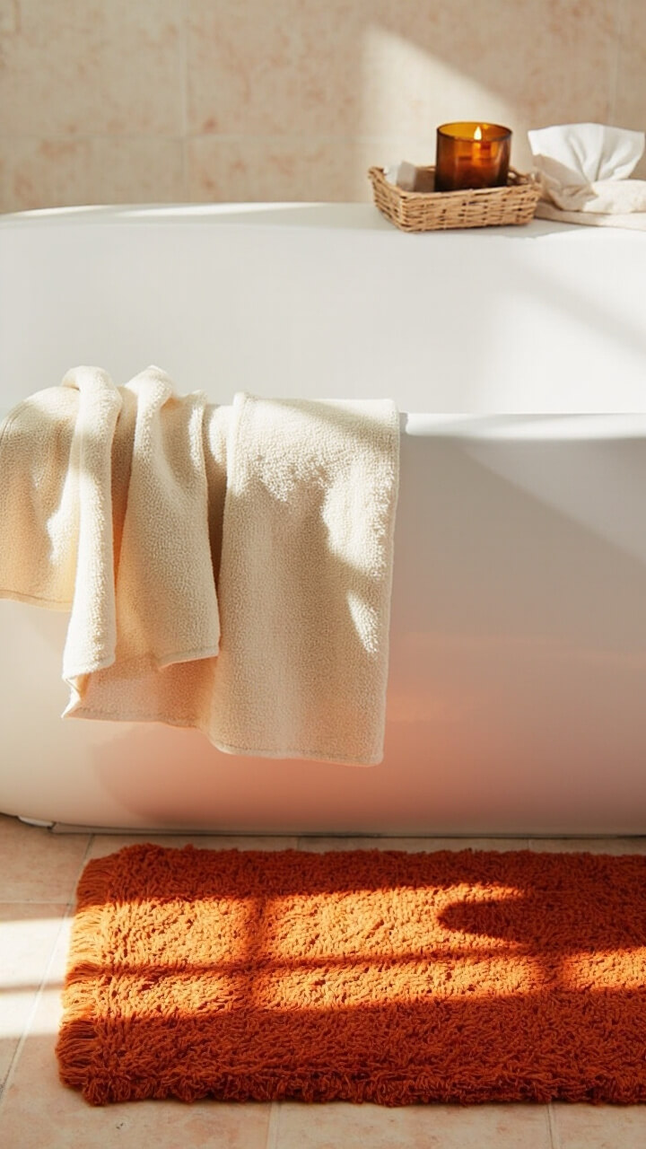 A terracotta cotton bath mat lies in front of a white tub. A cream bath towel hangs over the tub edge. A small rattan basket sits to the side holding spare tissue. An amber glass candle rests on the tub ledge.
