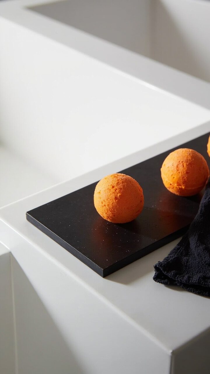 On the edge of a sleek white tub, a rectangular matte black soapstone tray holds three bright orange bath bombs and a neatly folded black washcloth.