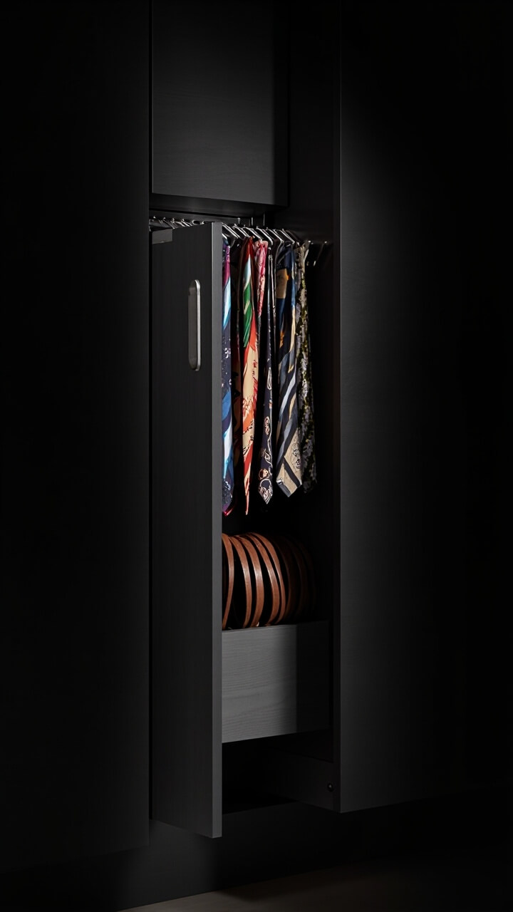 A slim, matte charcoal vertical pull-out shelf between two larger wardrobe sections. Metal hooks inside hold patterned silk ties and a row of slim leather belts. The shelf has a brushed steel handle.