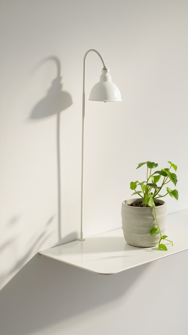 A slender, matte white floating shelf is installed above the bed’s headboard. Centered on the shelf is a small trailing pothos in a matte white planter. The wall is blank except for the shelf.
