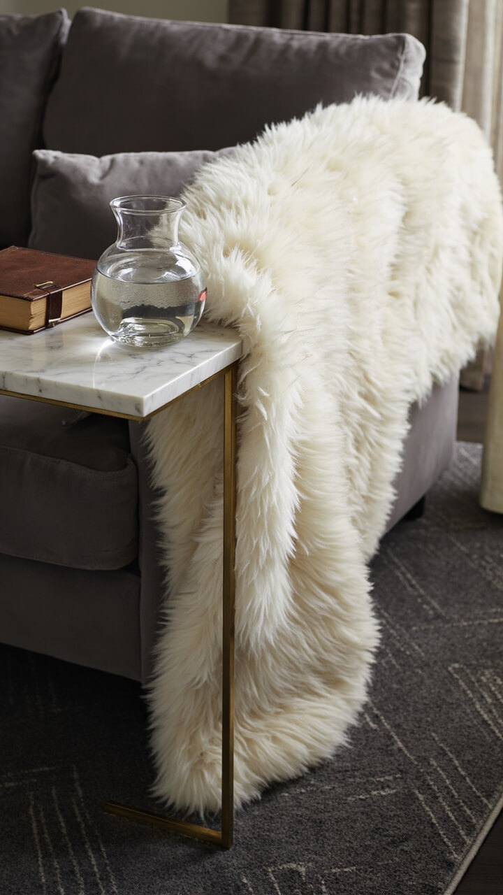 A plush, oversized ivory faux fur throw is draped over the arm of a smoky gray sofa. Next to the sofa stands a marble-topped gold side table with a book and a clear glass water carafe. The nearby rug is a charcoal herringbone pattern.