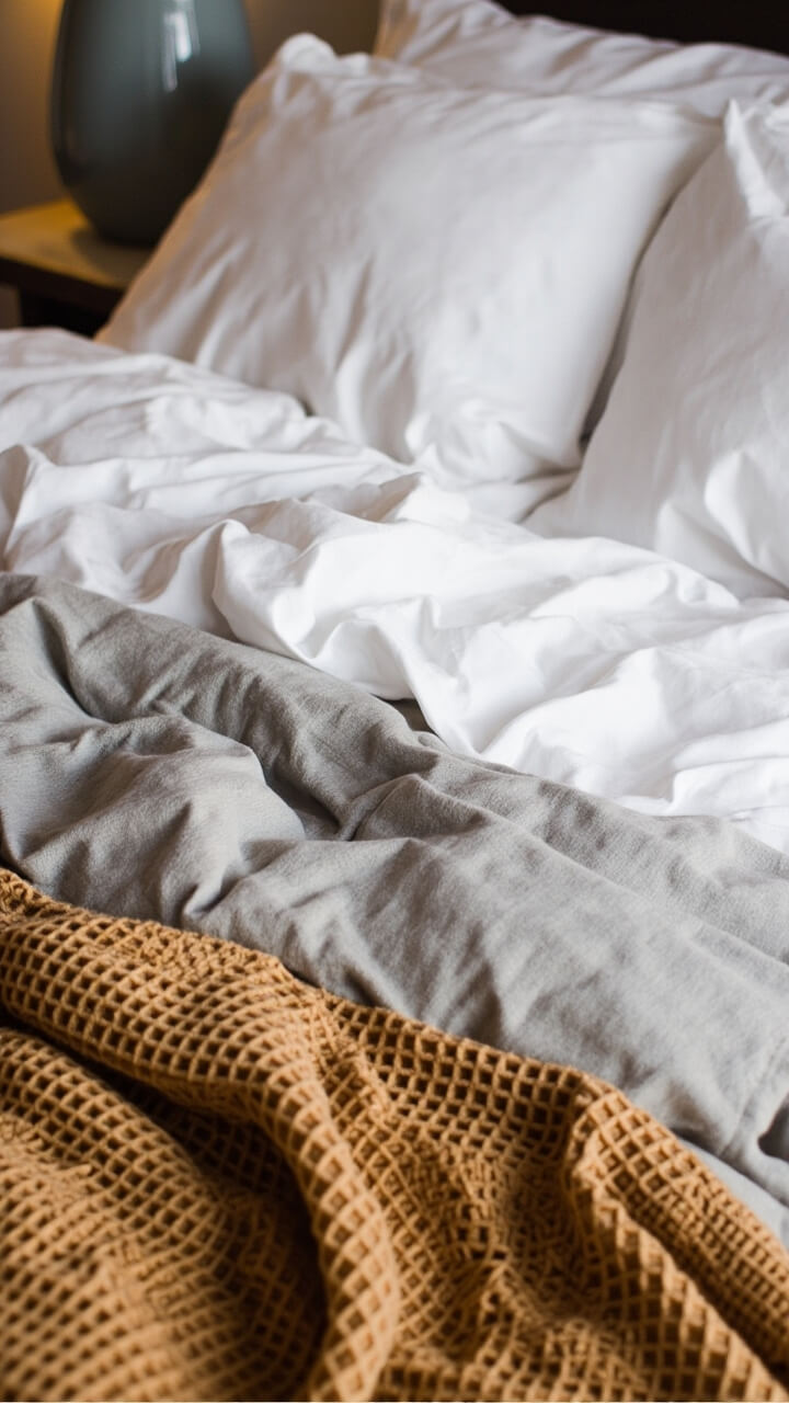 A bed with crisp white sheets, a caramel waffle weave blanket partially exposed, a soft grey lightweight comforter, and a slate blue ceramic table lamp beside the bed.