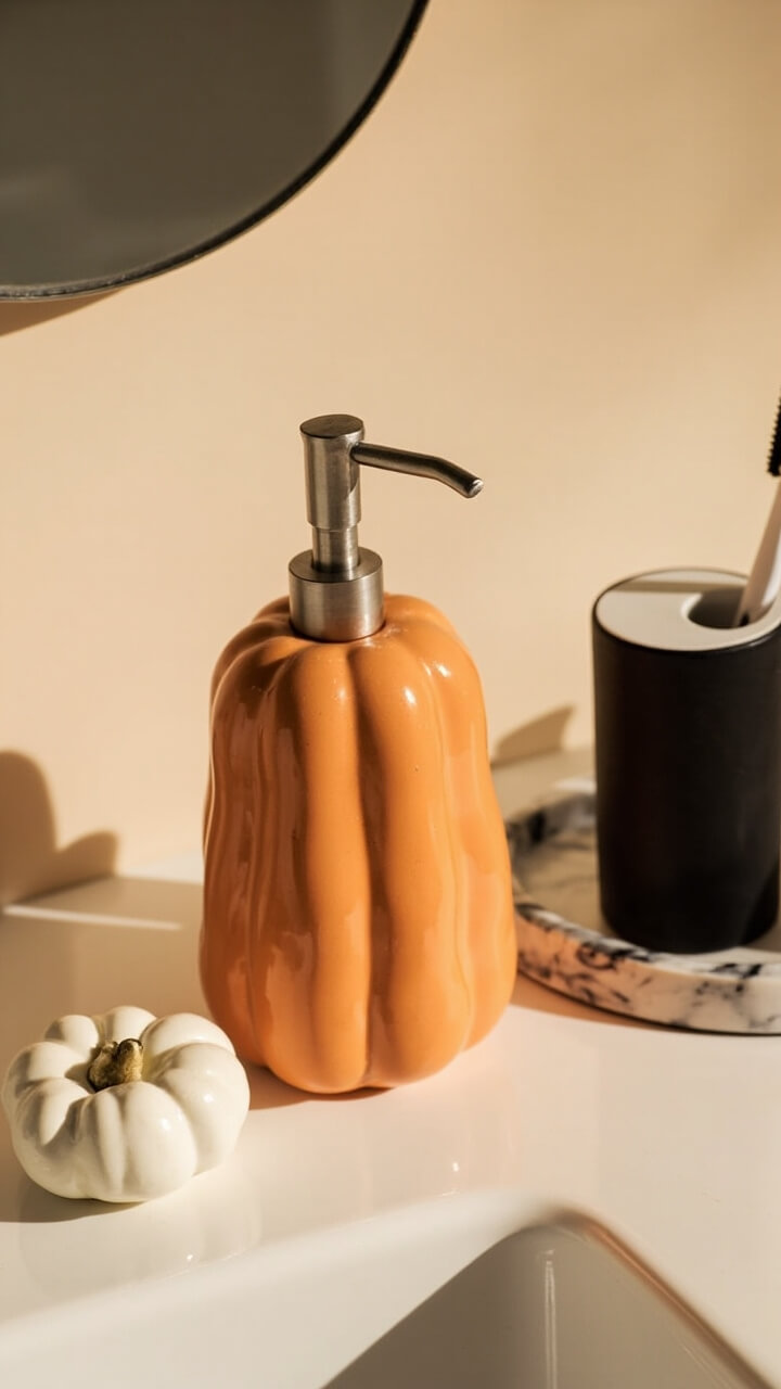 White bathroom countertop with a glazed ceramic pumpkin soap dispenser in matte orange. Next to it sits a small white pumpkin and a marble-effect tray holding a black toothbrush holder.
