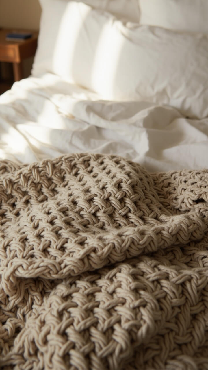 A stone beige chunky knit throw draped casually at the foot of a white linen-covered bed. The throw’s thick texture contrasts gently against the smooth bedding.