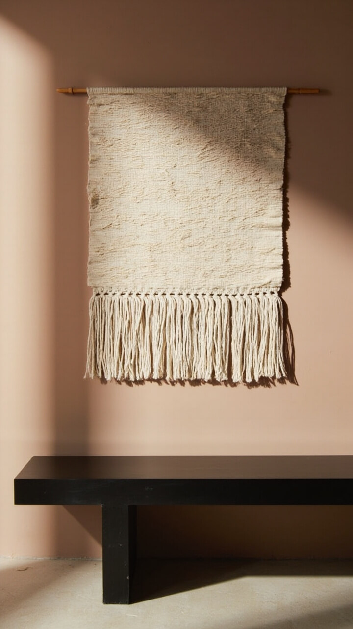 A rectangular, sand-colored woven wall hanging with off-white fringe hangs centered on a soft taupe wall. Below, a bare black bench anchors the look.