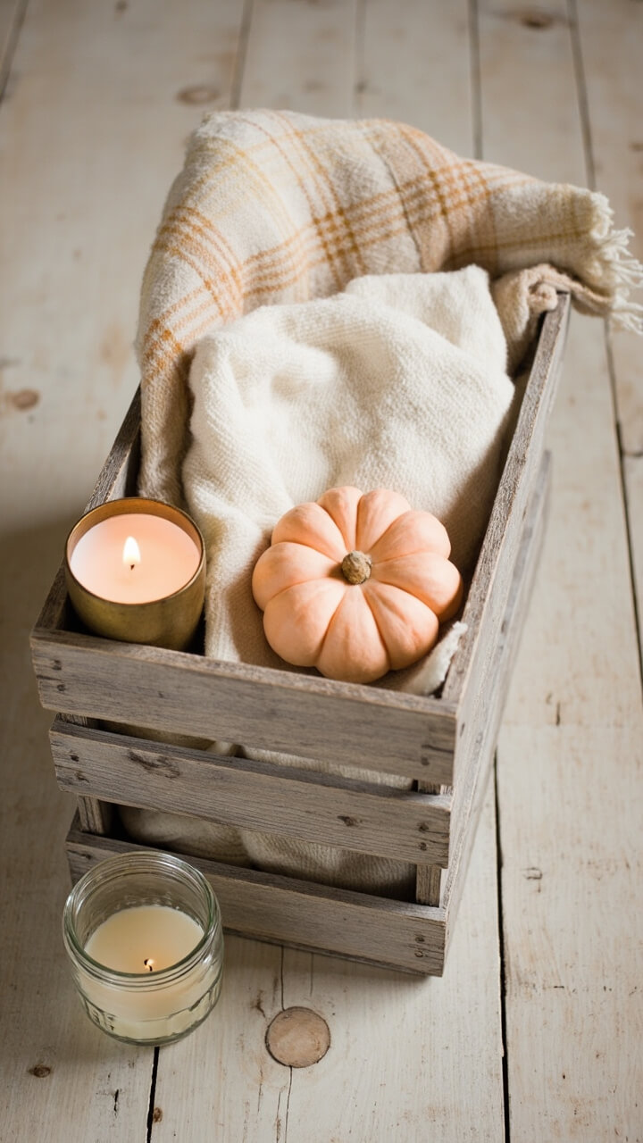 A weathered gray wood crate rests on the wide plank floor. Inside: a soft cream and caramel plaid throw, two pale orange pumpkins, and a short glass Mason jar candle with a burnished gold lid.
