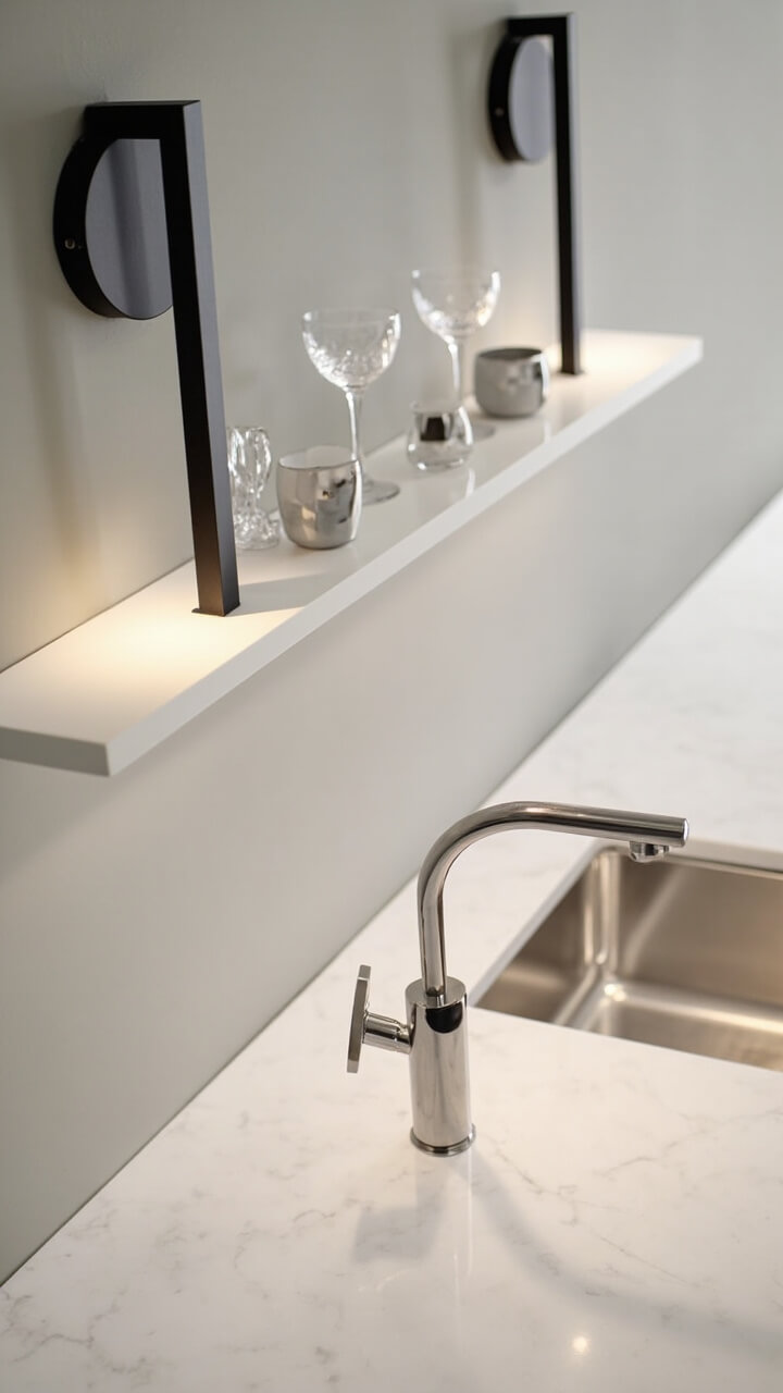 Two linear black sconces flank open shelving filled with clear glassware on a dove gray wall above a white quartz countertop. Stainless steel sink and a slim pull-down faucet gleam beneath the light.