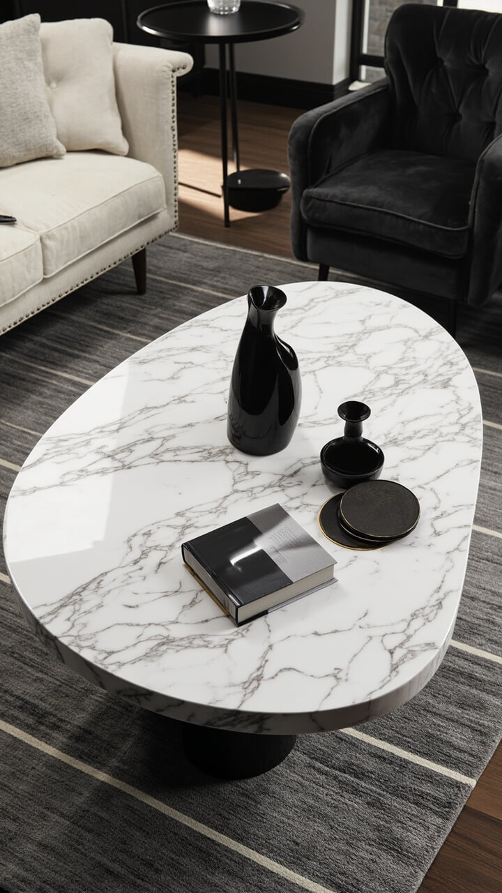 A low, white marble coffee table with bold gray veining steals the center of a living room. Flanked by a cream linen sofa and a pair of velvet charcoal armchairs, the table holds a glossy black sculptural vase, a single art book, and gold-rimmed coasters. A hand-knotted gray area rug sits beneath, setting off the marble’s cool tones.
