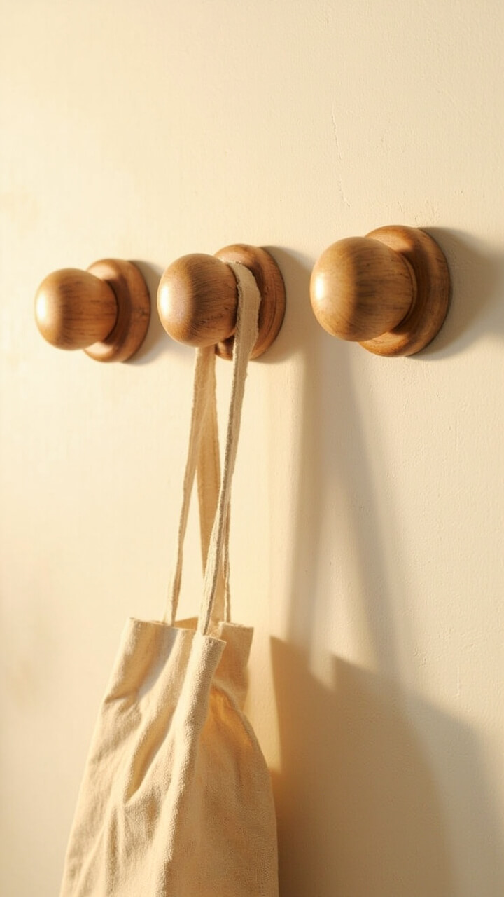 Three oversized round maple hooks are fixed in a simple line on a warm white wall. A single ivory linen market bag hangs from one, and the other two are empty.