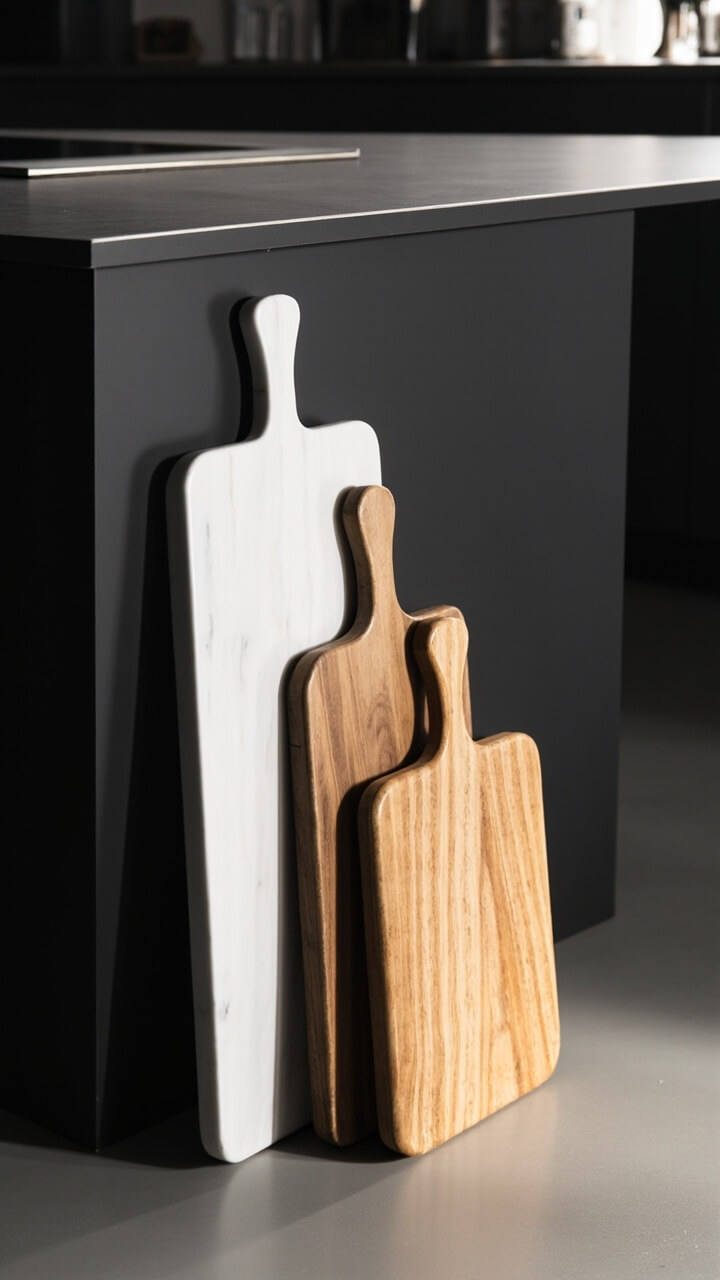 A trio of cutting boards—one white marble, two light and medium brown wood—stand upright, leaning softly together in a corner of a dark gray kitchen island with a sleek black countertop.