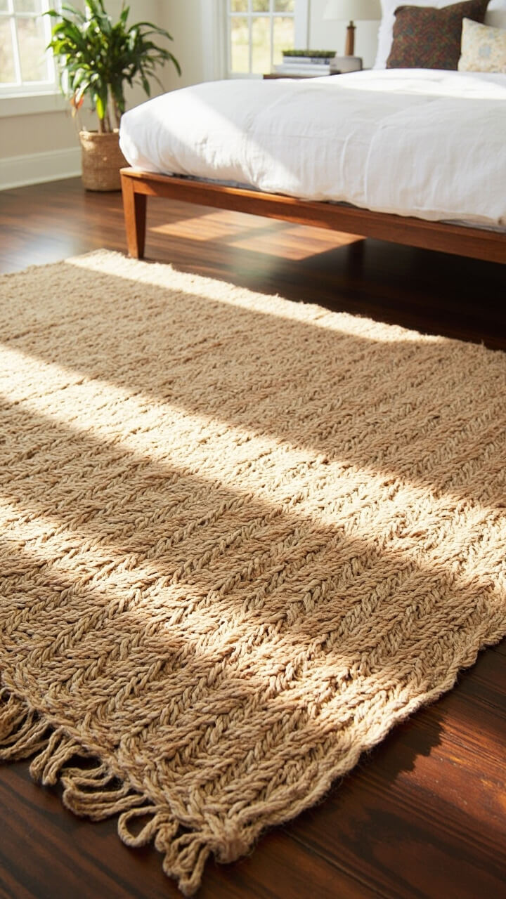 A sandy jute woven rug, slightly larger than the bed, sits under a mid-century bed frame. At the room’s edge, the rug’s soft, braided edges are clearly visible against wood floors.
