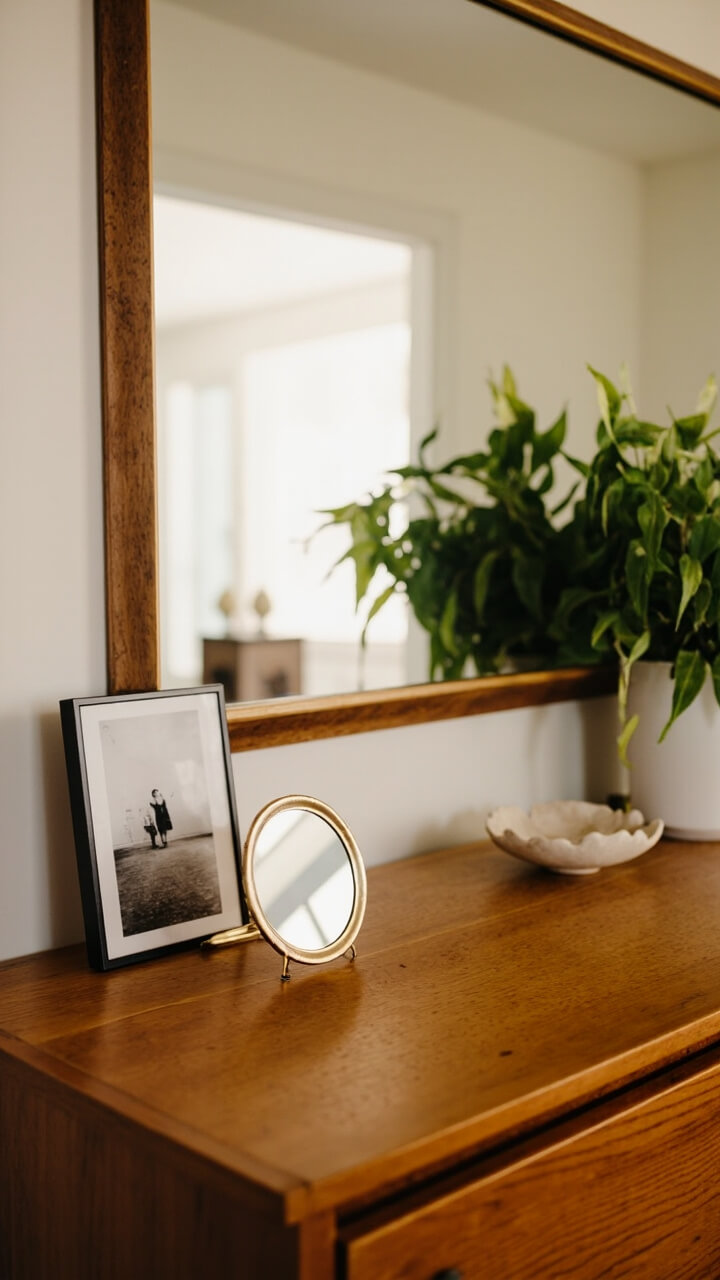 A wide, low oak dresser topped with a large rectangular mirror hanging on the wall, and a small round brass mirror propped in front. There’s a framed black-and-white photo, a nude ceramic jewelry dish, and a leafy pothos plant in a white pot.