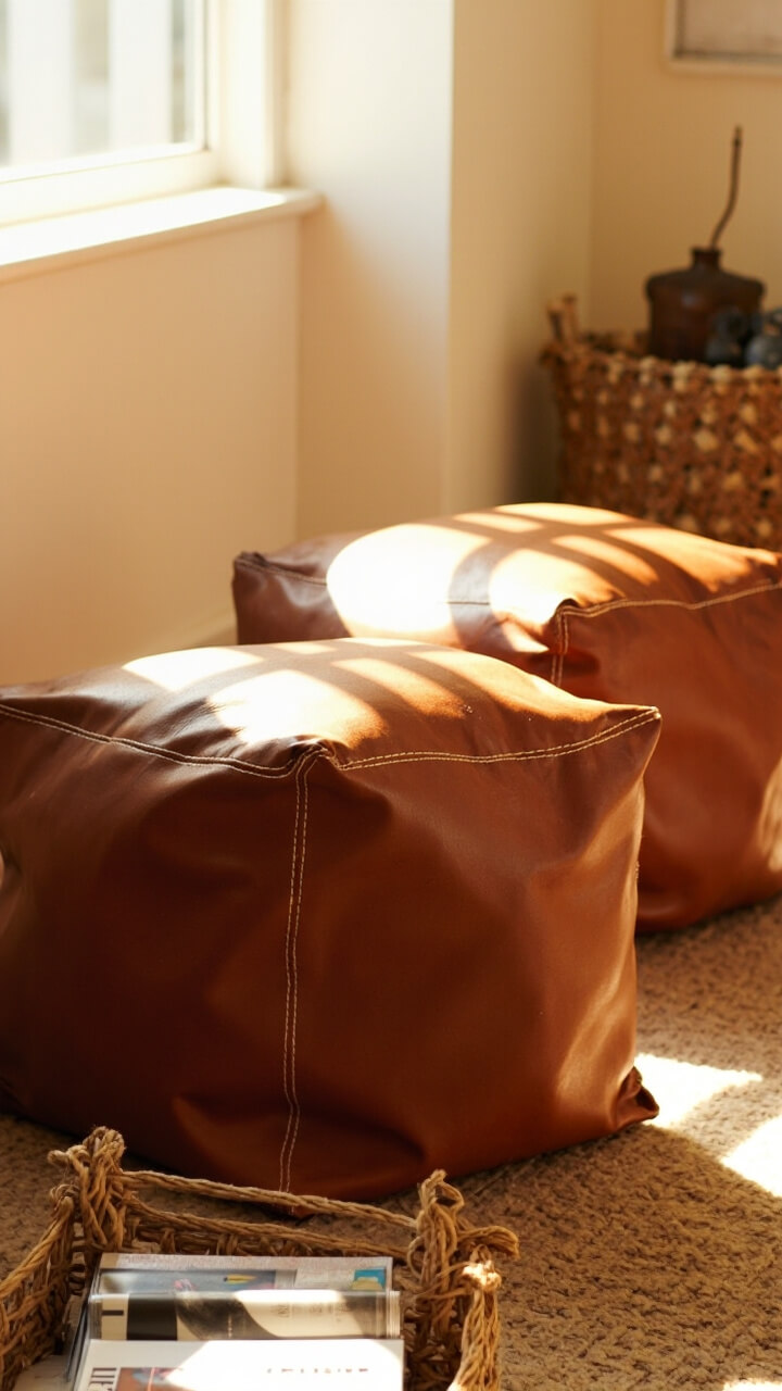 Two cube-shaped tan leather floor poufs sit side by side in a sunbeam, each with subtle stitched seams. Nearby: a handwoven jute basket with magazines.