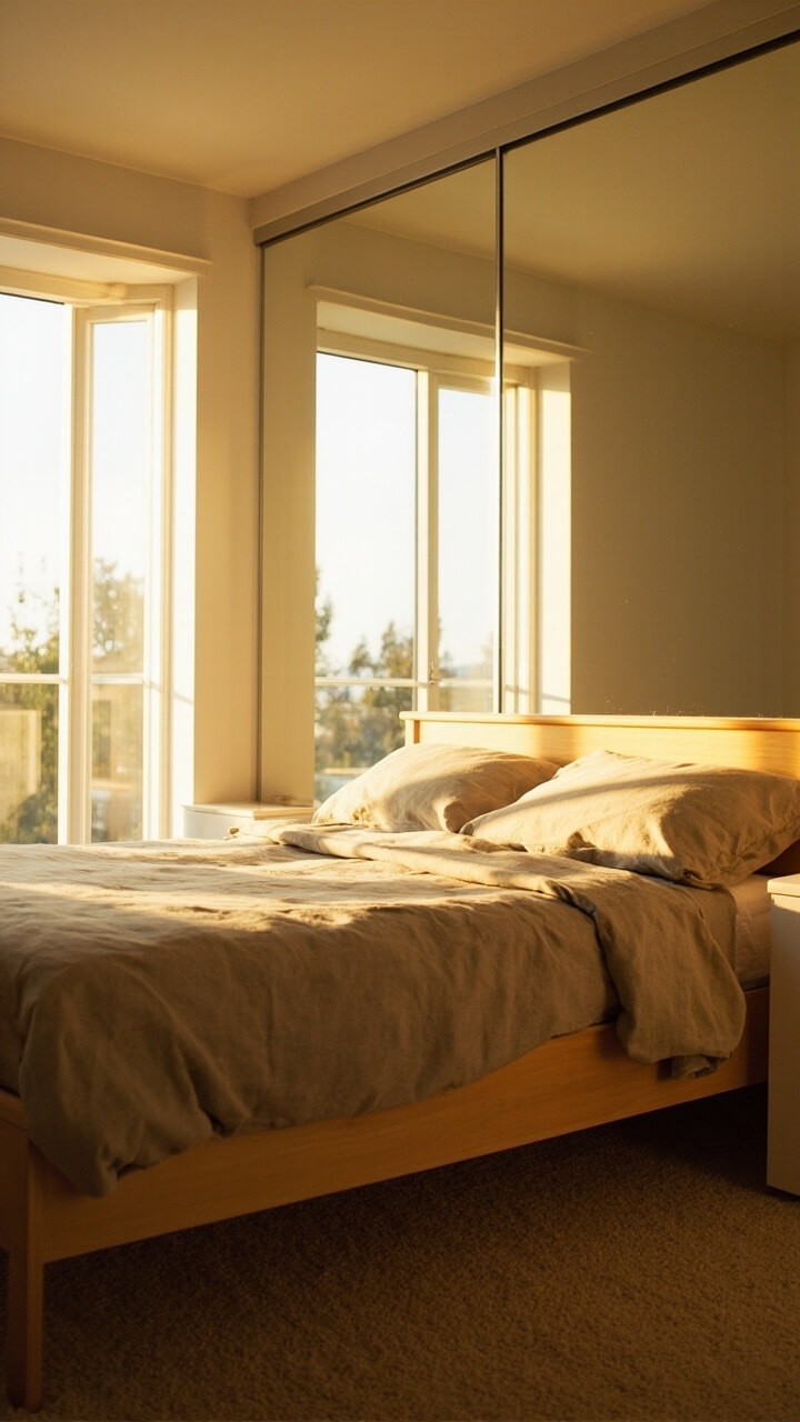 A small bedroom with sliding mirrored closet doors covers one wall. Natural cotton linen bedding sits atop a light birch wood bed frame, flanked by minimalist white nightstands. Morning light streams onto the soft beige carpet.