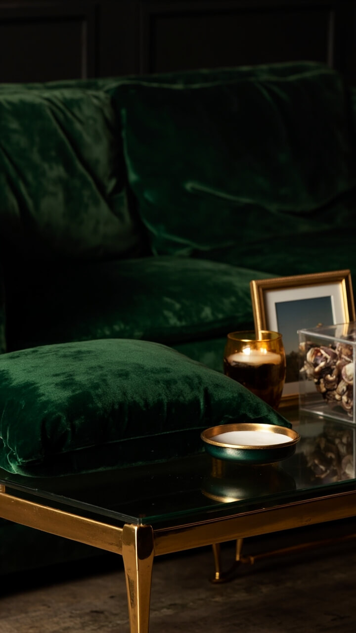 A rich emerald velvet sofa stands in front of a glass sofa table with polished gold legs. Atop, a gold-framed candid photograph, a glass display box with a few seashells inside, and a gold rimmed votive are grouped together. Next to them, a folded forest green velvet pillow sits ready for use.