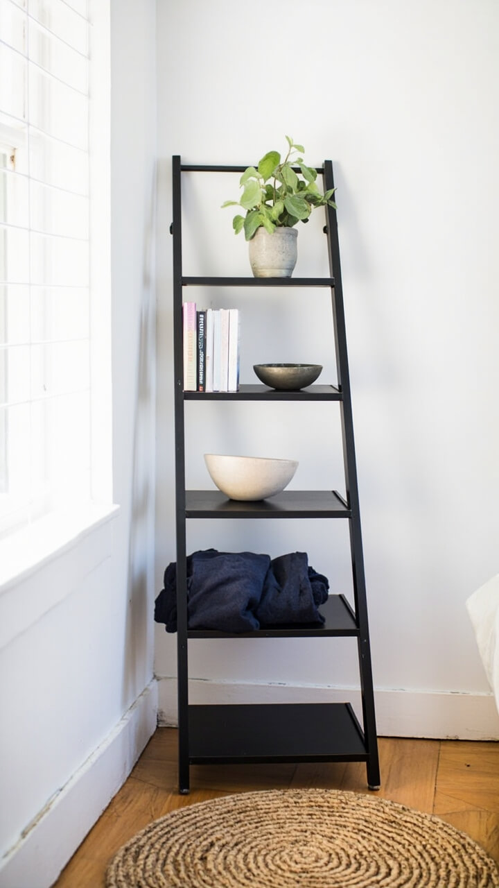 A slim black ladder shelf leans against a wall near a low beige bed. The shelf displays three books, a small potted jade plant, a ceramic bowl, and a rolled up navy throw. The adjacent corner holds a round natural jute rug.
