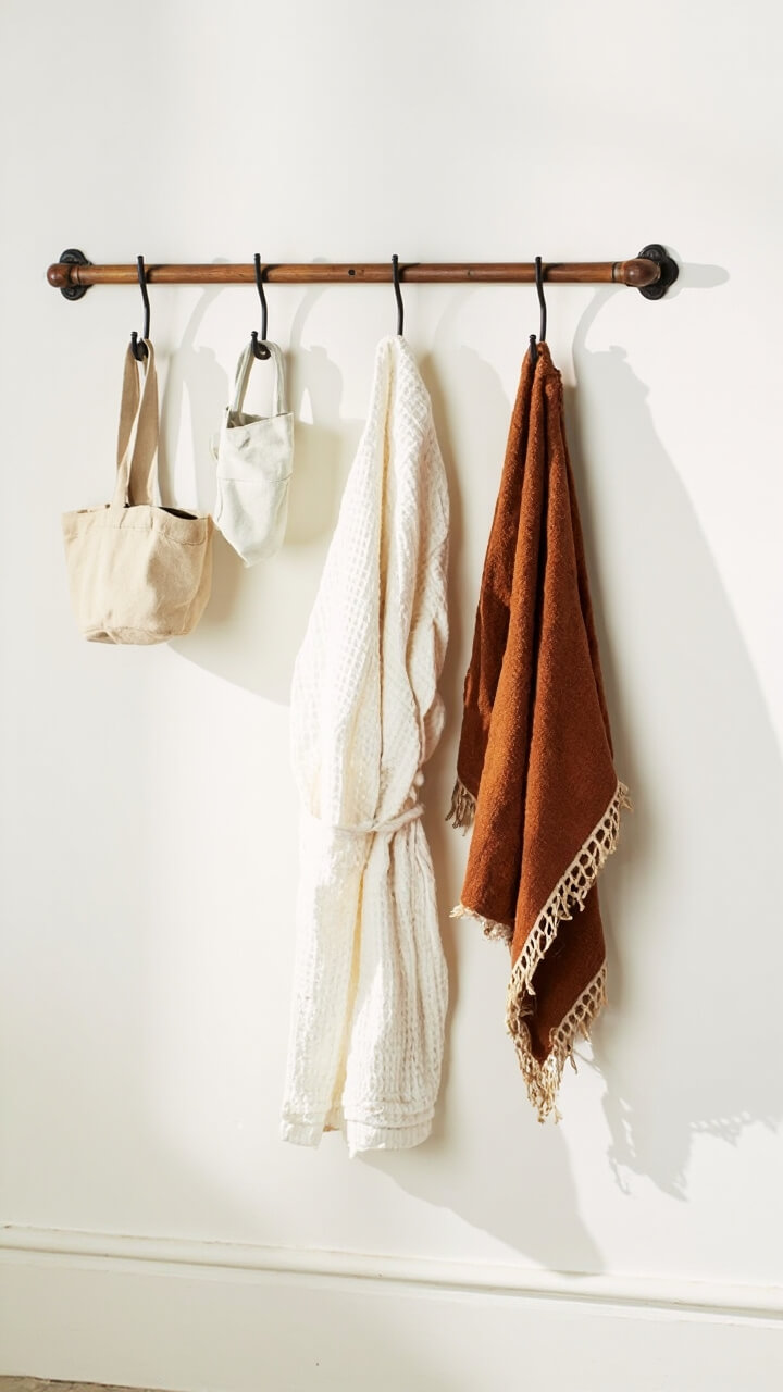 A slim wood hook rail is mounted on a white wall. A cream waffle robe hangs from the center hook. A rust hand towel hangs from the next hook. A small cotton tote bag hangs from the end hook. The scene sits above a simple baseboard.