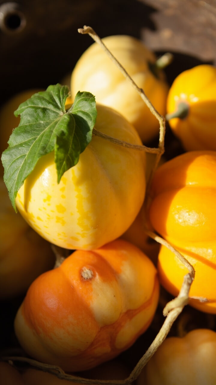 A glossy white enamel pitcher with black rim sits on a vintage oak bathroom shelf. Two small squash-shaped pumpkins in butter yellow and soft orange nestle inside, with one leaf trailing over the rim.