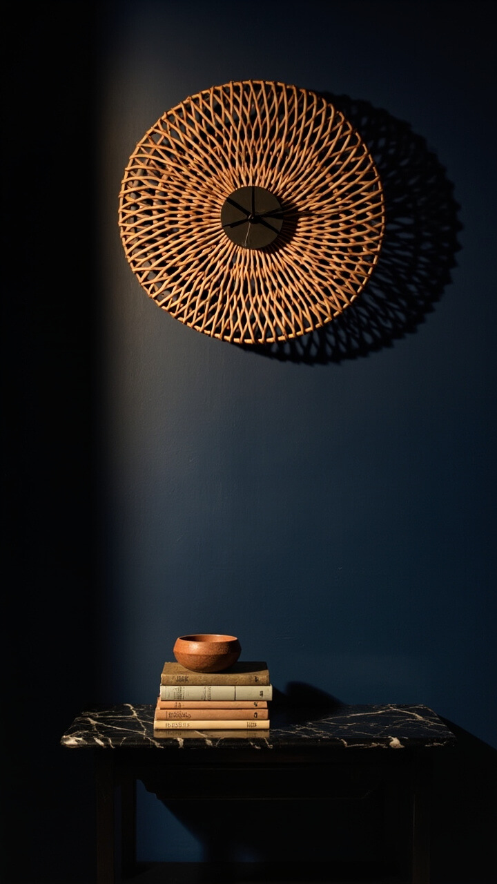 A 24-inch round woven cane wall clock spans the upper half of a rich indigo wall. Below, a narrow black marble console holds a stack of vintage cookbooks and a tiny terracotta dish.