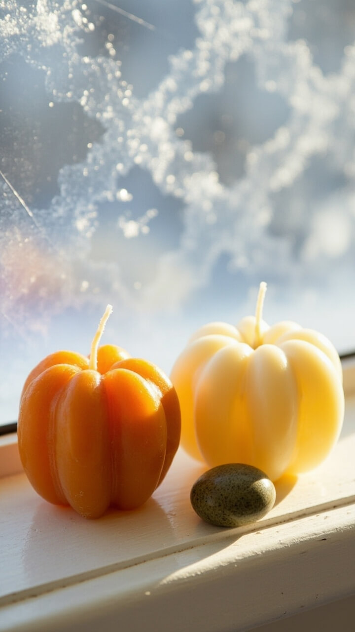 On a frost-glass windowsill, two pumpkin-shaped beeswax candles (one deep orange, one ivory) are grouped with a small round olive green stone. The sill is white-painted wood.