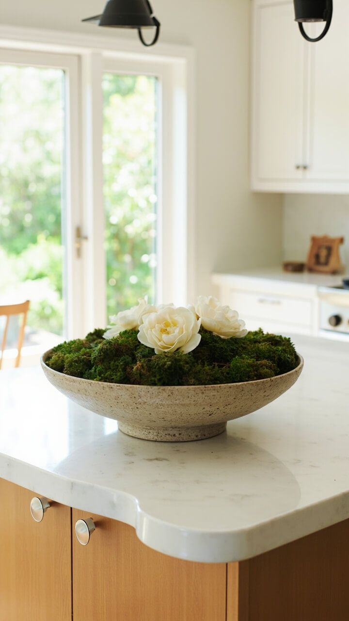 A wide, shallow speckled beige stoneware bowl sits mid-island, filled with deep green moss and faux cream peonies. The kitchen island is light maple with a white quartz top.