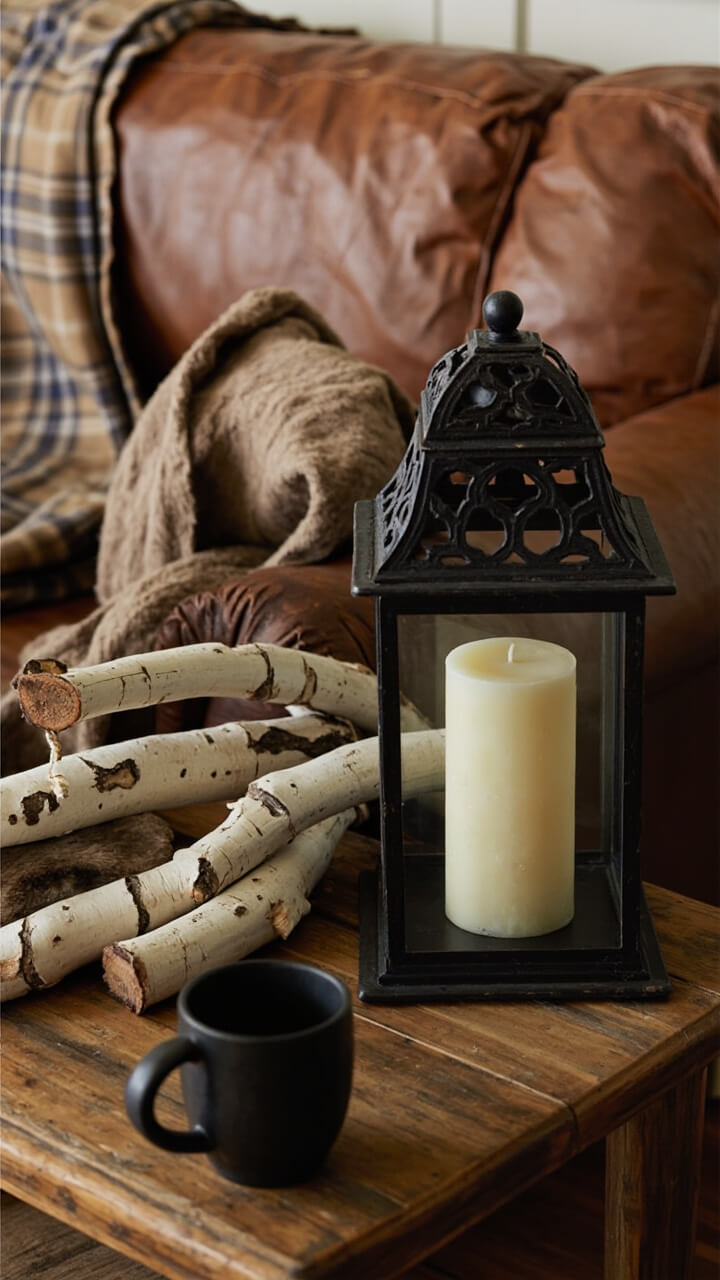 A caramel leather sofa with flannel throw sits before a farmhouse-style reclaimed wood sofa table. A large black metal lantern with a pillar candle anchors one end, while three slim birch logs are stacked with ends visible toward the middle. A single black handled mug rests nearby.