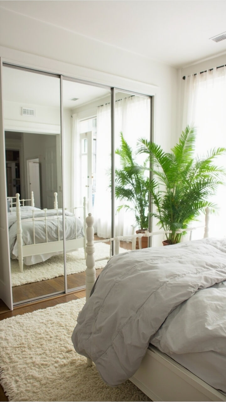 A small bedroom with a white frame bed faces floor-to-ceiling mirrored sliding closet doors. The reflection shows a fluffy ivory area rug, a soft grey comforter, and an oversized potted fern near the corner. Light bounces around, making the space feel much bigger.
