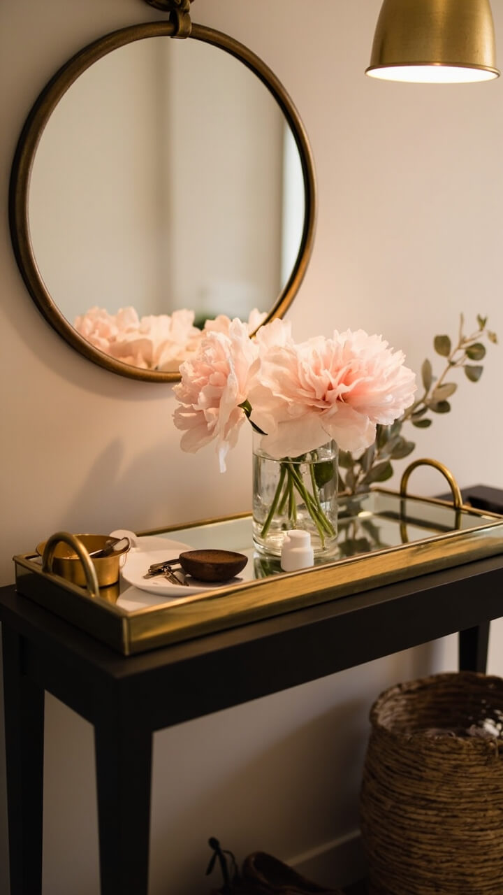 A rectangular mirror tray with an antique brass rim sits on a slim black console table below a round, wall-mounted brass mirror. On the tray: a simple clear glass vase holding blush peonies, a ceramic catchall dish for keys, and a petite wooden bowl for change. Shoes peek out from a basket underneath the console.