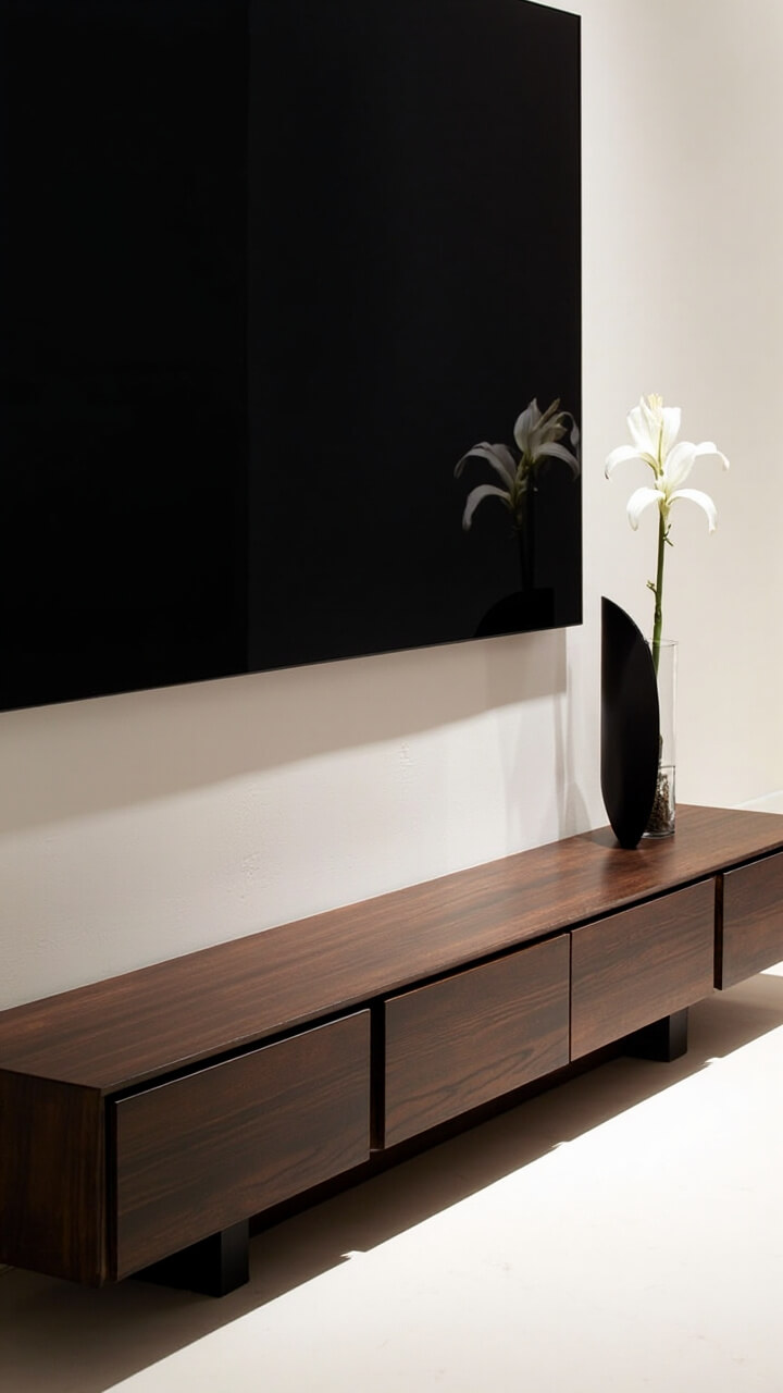A solid espresso-stained wood unit stretching low and wide under a large TV. A single matte black sculpture sits at one end, while a clear glass vase with single white lily sits at the other. Backdrop is an off-white wall.