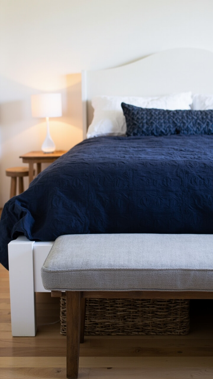 A slim grey linen bench sits at the foot of a white bed, with shallow woven baskets just visible underneath. The bed has a navy blue textured quilt and one patterned navy lumbar pillow. On either side, there are minimalist wood stools used as nightstands with petite white lamps.