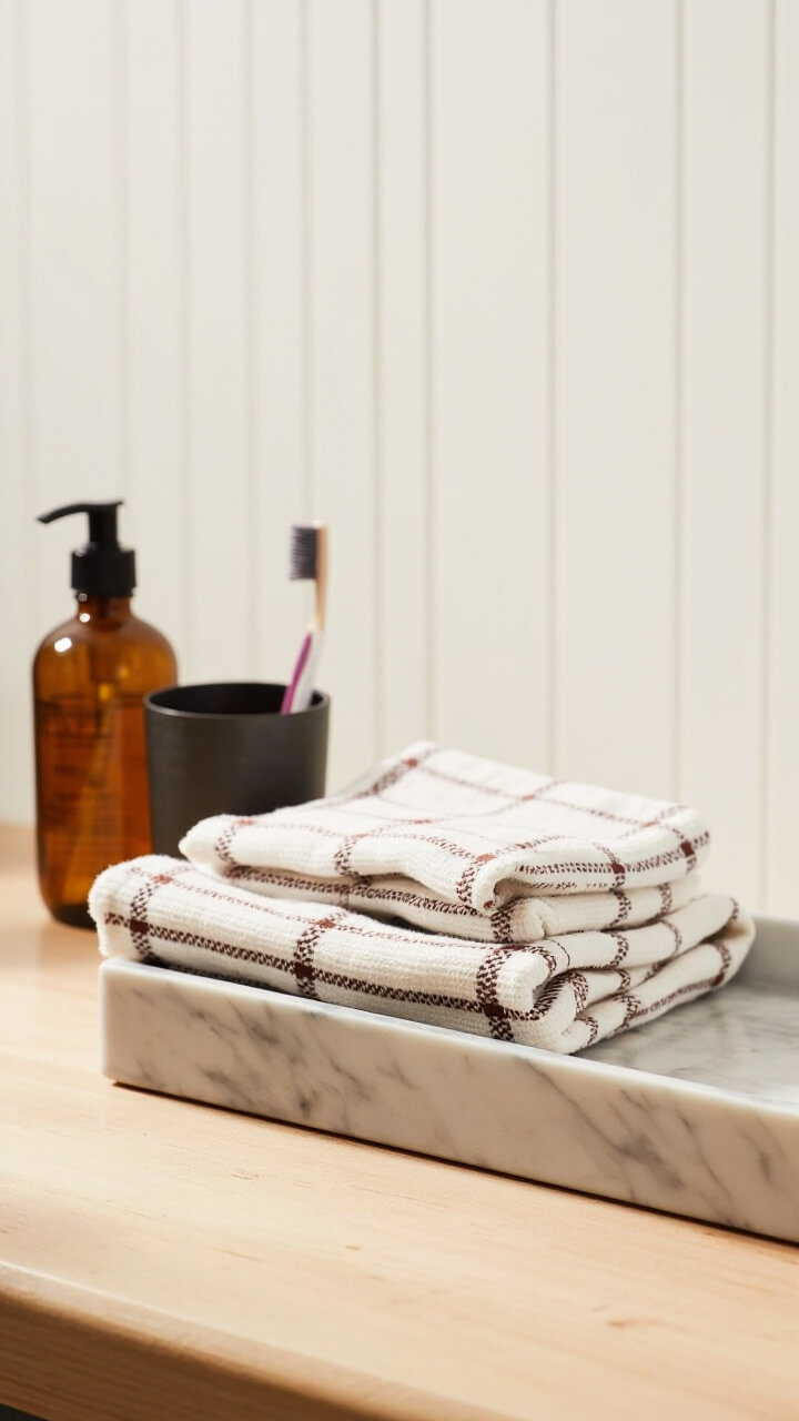 Two plaid cotton hand towels sit stacked on a slim marble tray on a light wood vanity. An amber pump bottle rests at the back corner of the tray. A small matte black cup holds a single toothbrush nearby. White beadboard backs the scene.