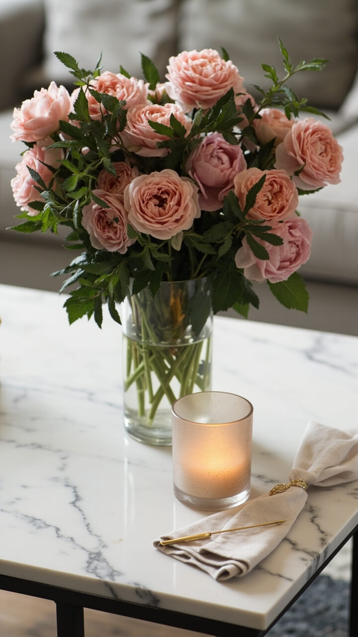 A simple rectangular marble coffee table is styled with a single clear cylindrical vase, overflowing with soft pink ranunculus and greenery, set next to a frosted glass votive candle. A delicate gold wick trimmer rests on a linen napkin beside the candle for a little extra polish. A simple rectangular marble coffee table is styled with a single clear cylindrical vase, overflowing with soft pink ranunculus and greenery, set next to a frosted glass votive candle. A delicate gold wick trimmer rests on a linen napkin beside the candle for a little extra polish.