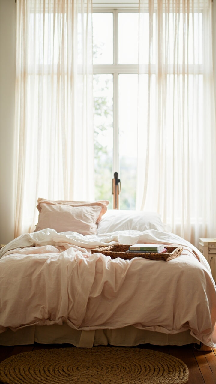 Billowy white gauze curtains frame a tall window behind a king bed. The bed is dressed in soft blush and white linen, with a rattan tray on the bed holding a small stack of books. A woven round rug sits nearby.