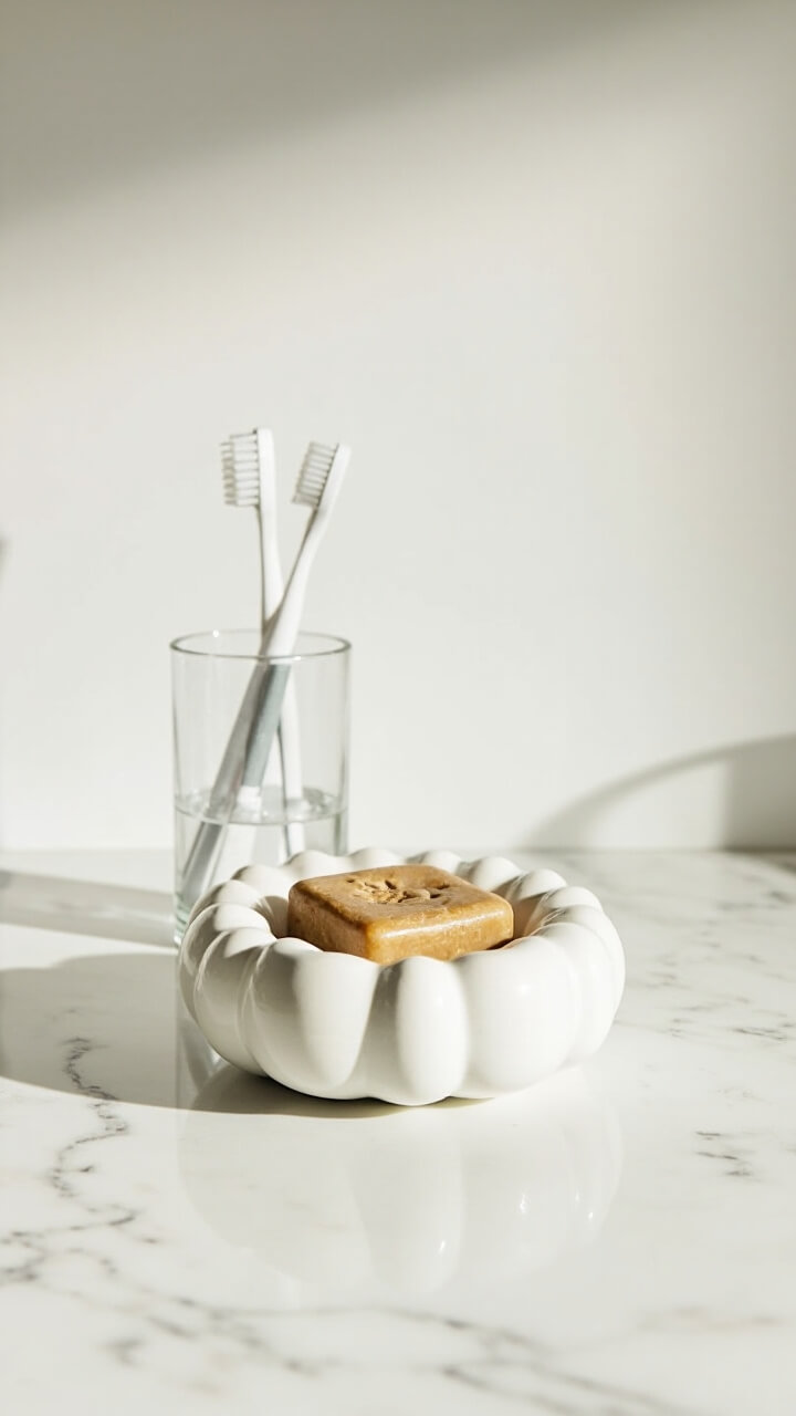 A white ceramic pumpkin-shaped soap dish holds a square oatmeal soap bar on a marble countertop. Next to it is a clear acrylic toothbrush holder with two white brushes.