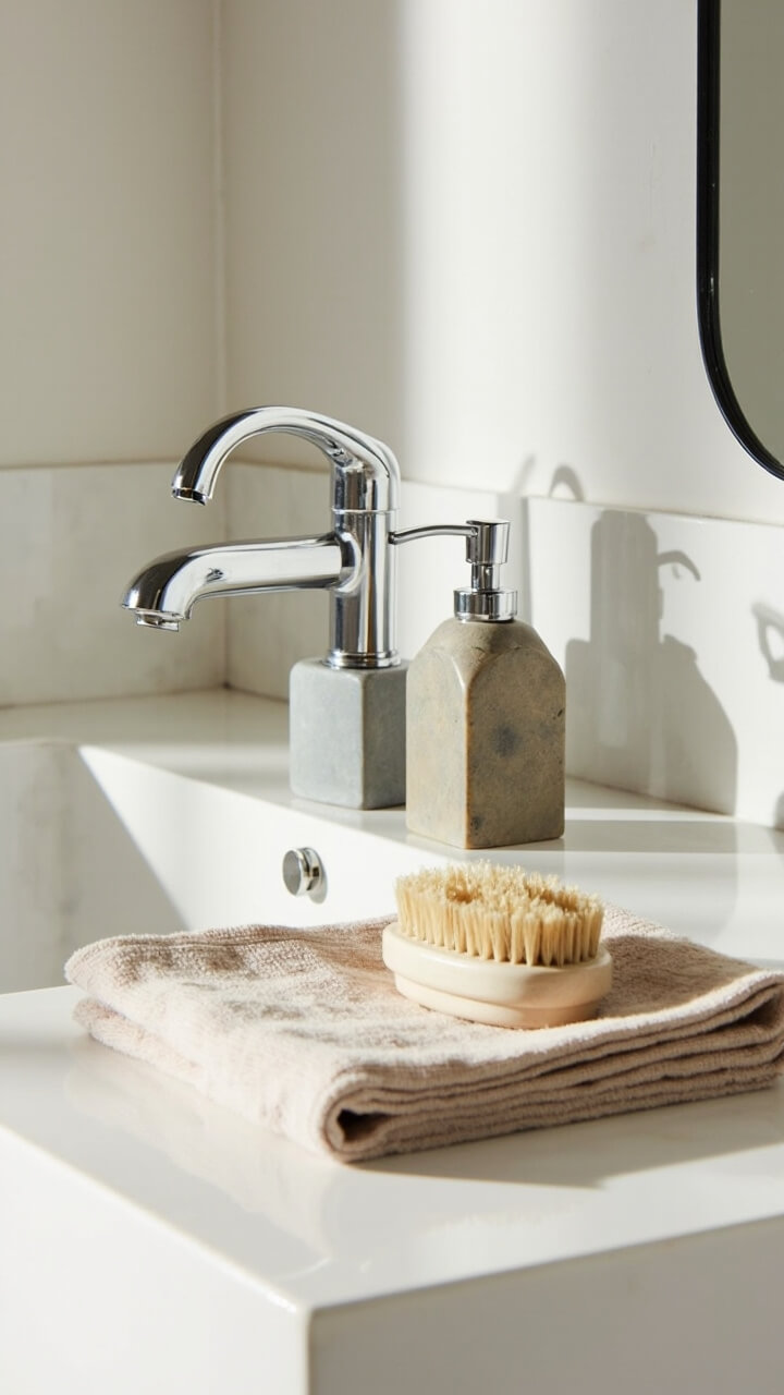 On a white vanity top a warm gray soapstone soap dispenser sits near the faucet. A matching soapstone toothbrush cup rests beside it. A folded beige cotton hand towel lies in front. A small natural bristle nail brush sits on the towel.