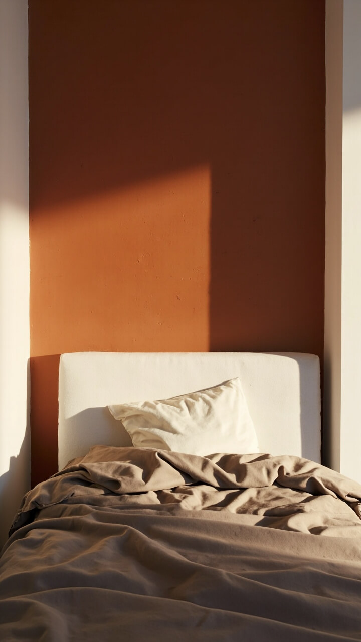 A clay terracotta accent wall is behind a simple white headboard. The other three walls are soft white. The bed is topped with a taupe duvet and a single off-white pillow.