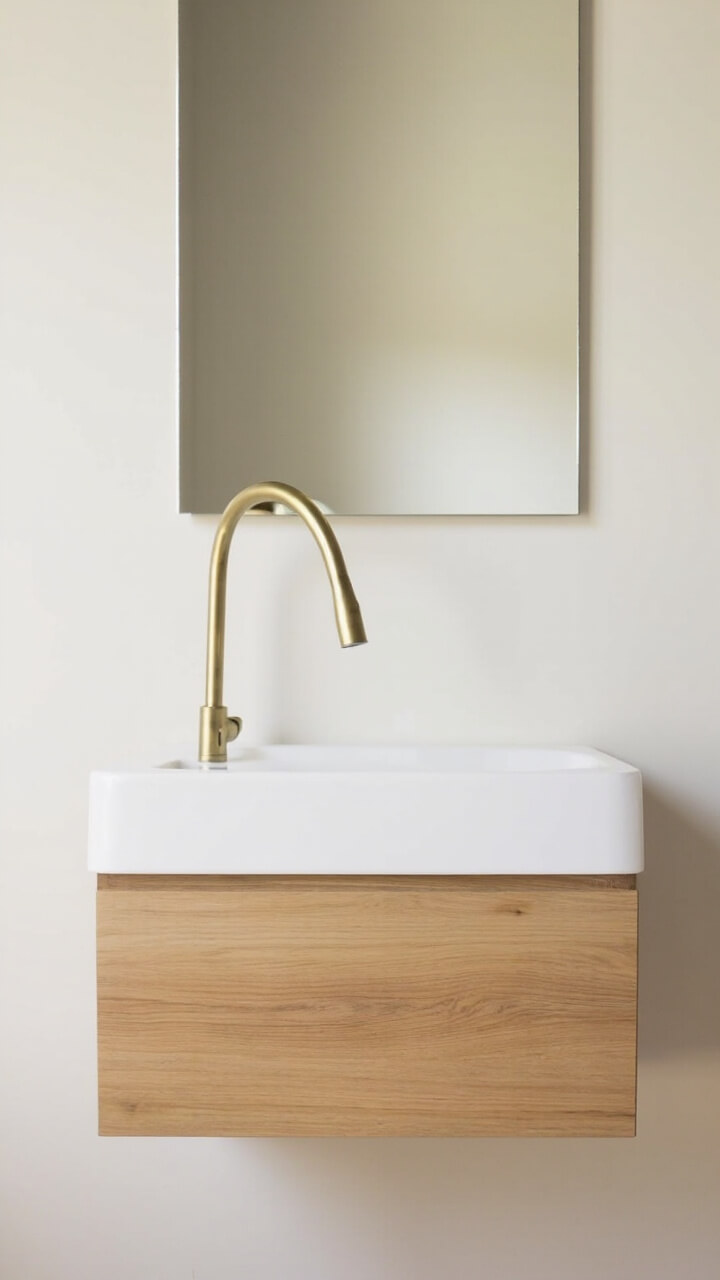 Light oak floating vanity with slab front, integrated white sink, slim brushed brass faucet, frameless rectangular mirror, and off-white walls.